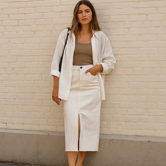 NWT Happily Grey White Denim Midi Skirt - Picture 1 of 14